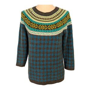 Talbots Women's SM Wool Blend Fair Isle Green Gray Pullover Sweater